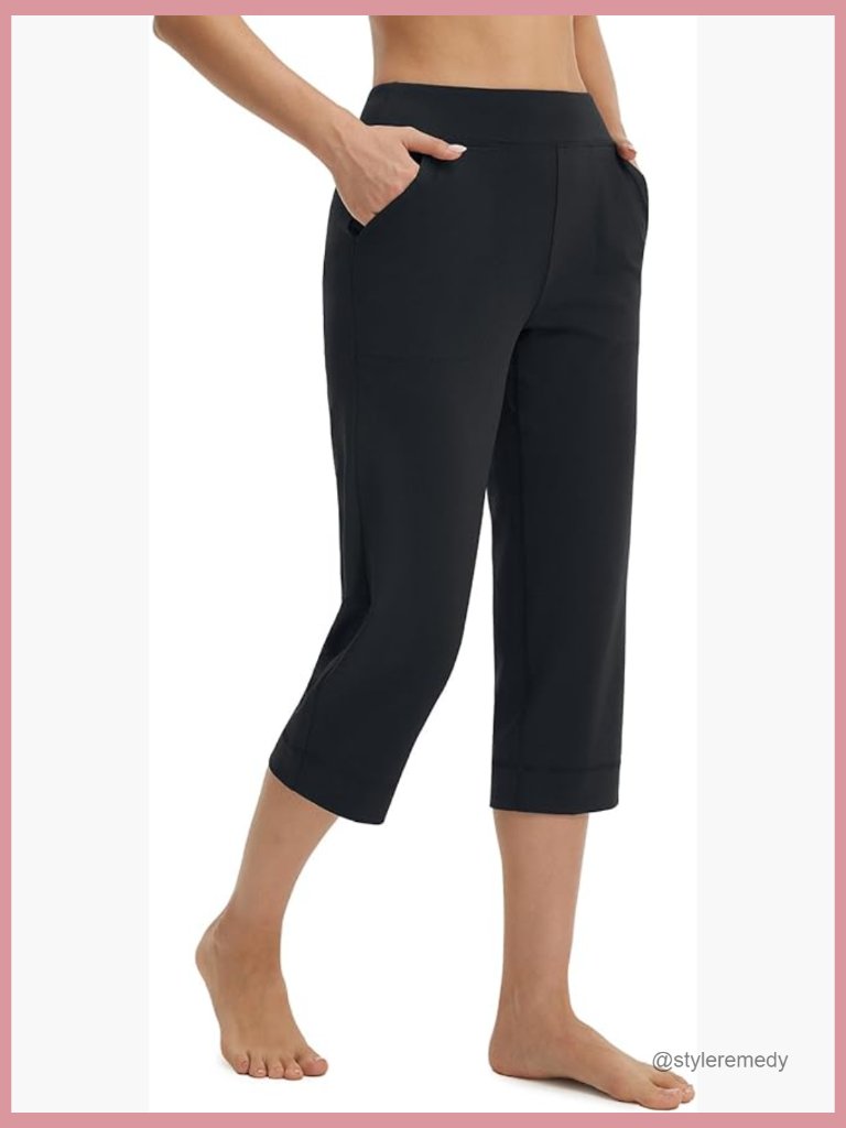 High Waisted Straight Leg Yoga Capris With Pockets 21" Polyester Blend